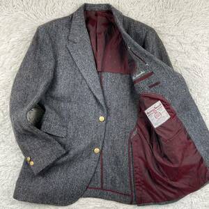 ハリスツイード【一新するデザイン性】Harris Tweed テーラード ジャケットLサイズ ミックスツイード 金ボタン 裏地赤 グレー系 miyuki