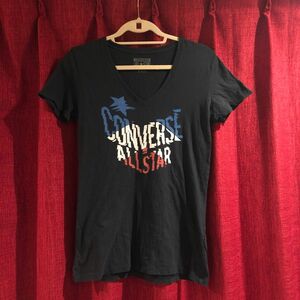 【CONVERSE コンバース ALL★STAR】プリントVネックTシャツ 半袖 ブラック レディース 