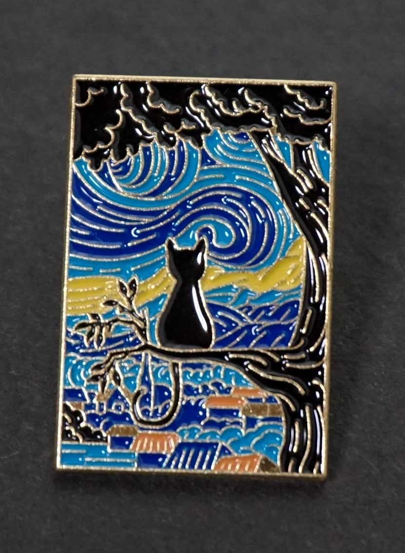 Black cat on a tree, starry night, painting style ■■ Starry Night. Black Cat ■■ New, very cool ■ ■ **Cat lover** Painting art pin badge, badge ■ Art, Art, Arts, miscellaneous goods, Pin Badge, others