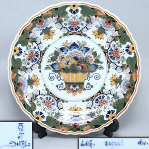 [2417100]オランダ ROYAL DELFT ロイヤルデルフト 花籠唐草色絵大皿 幅41cm◆阿蘭陀/洋食器/飾皿/陶磁器/アンティーク/古美術/骨董/うぶ品