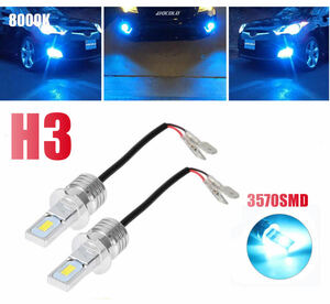 12V/24V H3 バルブ 100W CSPチップ 高爆光！ LED フォグランプ 2個セット　ブルー 8000k 無極性