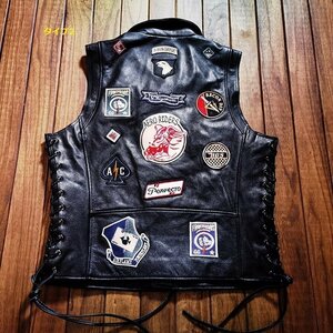 ハレーレザージャーキン ベスト 本革 バイクジャケット　牛革　ベスト刺繍　 M～4XL ライダース パターン1