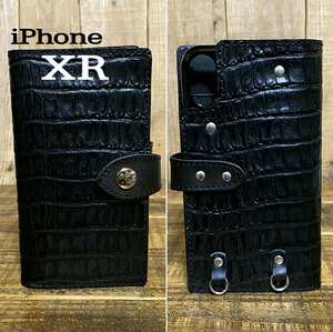 手帳型ケース iPhone XR 用 クロコ型押しレザー スマホケース スマホショルダー 携帯 革 本革 黒