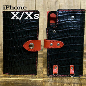 手帳型ケース iPhone X Xs 用 クロコ型押しレザー スマホケース スマホショルダー 携帯 革 本革 黒 赤糸