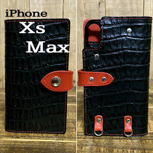手帳型ケース iPhone Xs Max 用 クロコ型押しレザー スマホケース スマホショルダー 携帯 革 本革 黒 赤糸