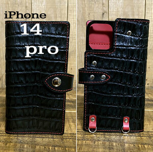 手帳型ケース iPhone 14 pro 用 クロコ型押しレザー スマホケース スマホショルダー 携帯 革 本革 黒 赤