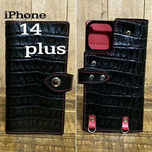 手帳型ケース iPhone 14 plus 用 クロコ型押しレザー スマホケース スマホショルダー 携帯 革 本革 黒 赤