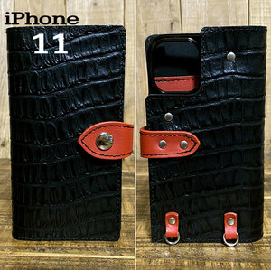 手帳型ケース iPhone 11 用 クロコ型押しレザー スマホケース スマホショルダー 携帯 革 本革 黒 赤 黒糸