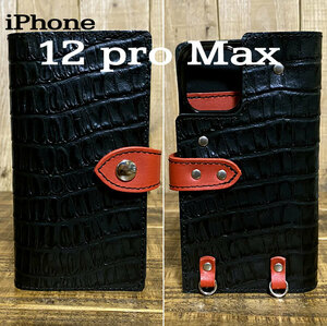 手帳型ケース iPhone 12 pro Max 用 クロコ型押しレザー スマホケース スマホショルダー 携帯 革 本革 黒 赤 黒糸