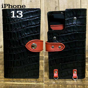 手帳型ケース iPhone 13 用 クロコ型押しレザー スマホケース スマホショルダー 携帯 革 本革 黒 赤 黒糸