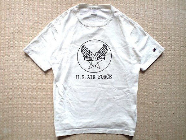 即決 USA製 U.S. AIR FORCE プリント Lサイズ Champion T1011 ヘビーウェイト Tシャツ 白 USAFA 染み込み