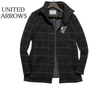 56488 新品▼ ユナイテッドアローズ　英国伝統ウィンドウペンチェック　レイズドネックコート　UNITED ARROWS　グレー(L)