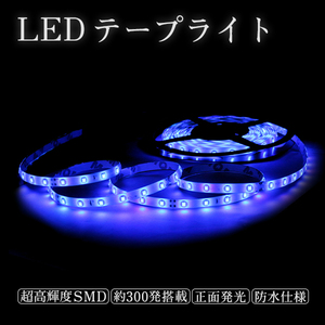 Б 送料無料 LEDテープライト 超高輝度 24V専用 5m 300連 防水仕様 正面発光 両面テープ付 LEDテープ 青 ブルー