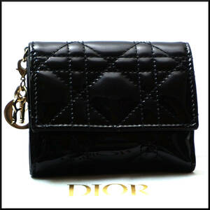 1円 美品 Christian Dior ディオール カナージュ ロータス ウォレット ミニ コンパクト 二つ折り 財布 エナメル レディディオール 黒 