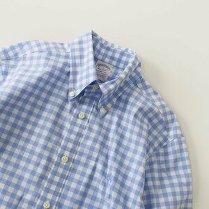 美品 ブルックスブラザーズ BROOKS BROTHERS ロゴ刺繍入り チェック コットン ボタンダウン長袖シャツ S/水色【2400013629331】