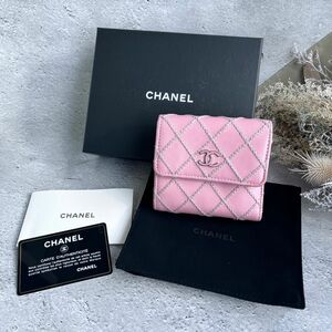 CHANEL シャネル 財布 ウォレット　ワイルドステッチ　レザー　ピンク　三つ折り財布