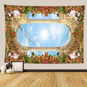 タペストリーF90　天井　バラ　宮殿　ガーデン　花　植物　青空　雲　壁飾りDIY