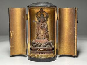 【瑞】木彫り　鬼子母神立像　小型　厨子入　高：１０．６ｃｍ　仏教美術