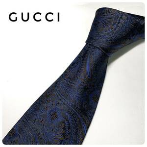 グッチ GUCCI プリント 総柄 シルク100% ネクタイ 剣先幅9.8cm フォーマル メンズ 紳士 服飾小物 ネイビー系 ペイズリー柄