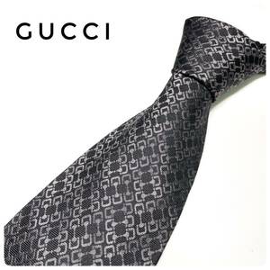 グッチ GUCCI プリント 総柄 シルク100% ネクタイ 剣先幅9.5cm フォーマル メンズ 紳士 服飾小物 ブラック 黒系 GG柄 良品