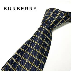 バーバリー Burberry プリント 総柄 シルク100% ネクタイ 剣先幅9cm フォーマル メンズ 紳士 服飾小物 ネイビー系 格子柄