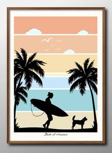 Art hand Auction 13988■免运费！！艺术海报绘画 A3 尺寸夏威夷海滩夏季插画斯堪的纳维亚哑光纸, 住宅, 内部的, 其他的