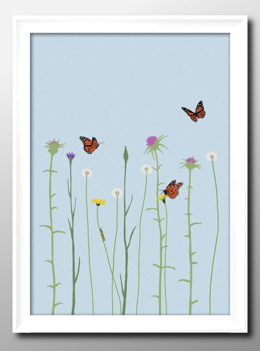 14319■送料無料!!アートポスター 絵画 A3サイズ『野に咲く花と蝶々』イラスト 北欧 マット紙, 住まい, インテリア, その他