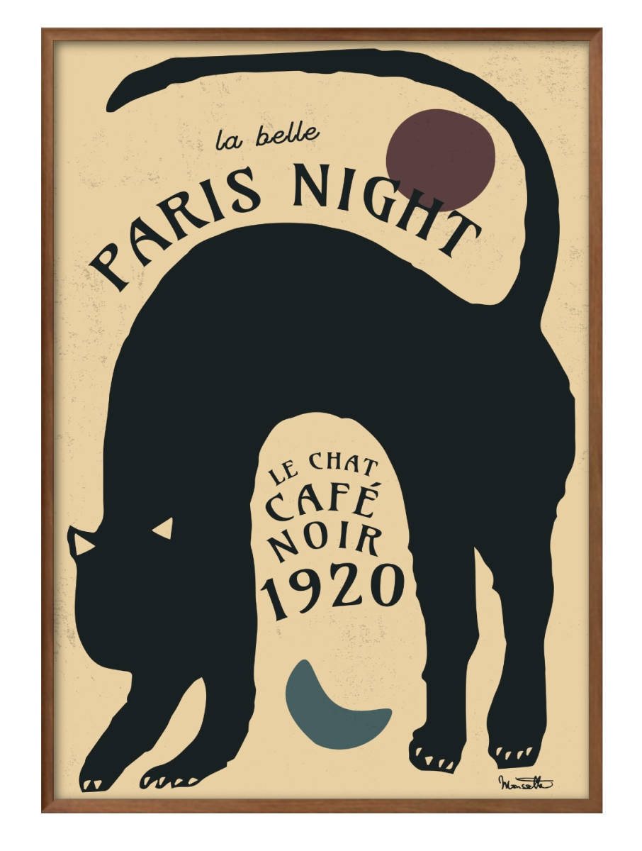 7250 ■ Livraison gratuite !! Affiche d'art peinture format A3 chat noir café Paris nuit illustration design papier mat nordique, Logement, intérieur, autres