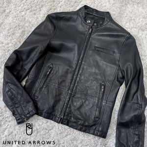 【美品】UNITED ARROWS ユナイテッドアローズ ラムレザー 羊革 シープスキン ノーカラー レザージャケット シングルライダース 36