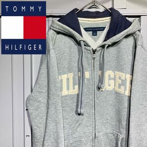 【人気古着】TOMMY HILFIGER トミーヒルフィガー ビッグロゴ スウェットトレーナージップパーカー y2k グレー S