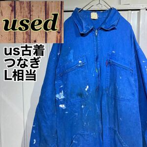 【90s★vintage】unknown us古着 フルジップつなぎ オールインワン ユーロワーク ボロ ペイント ブルー L相当