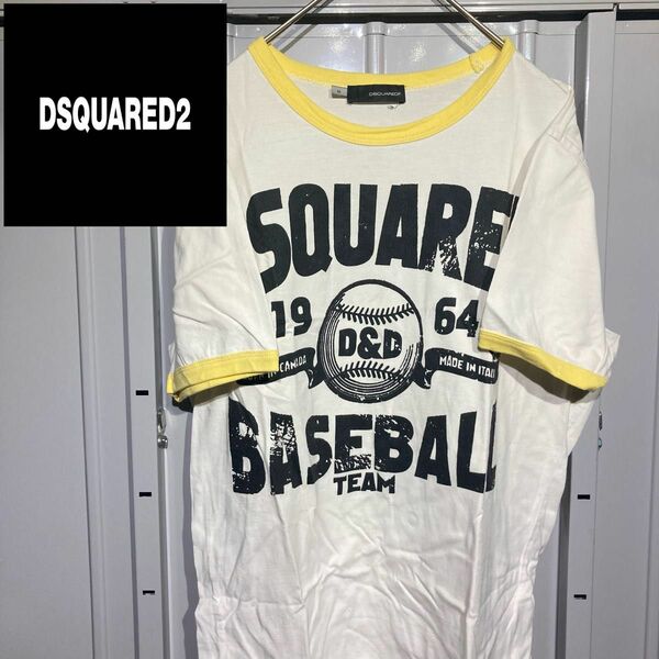 DSQUARED2 ディースクエアード 半袖Tシャツ リンガーt カットソー 切り替え ビッグロゴプリント イエロー M 