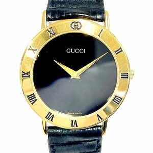 【1円スタート】【箱付き】GUCCI グッチ 3000.2.M GP×革ベルト ブラック文字盤 クオーツ メンズ腕時計 225495