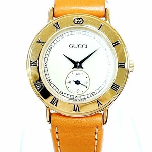 【1円スタート】【箱付き】GUCCI グッチ 3000.2.L スモセコ GP×革ベルト アイボリー文字盤 クオーツ レディース腕時計 225505