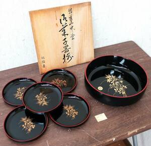 未使用●菓子器《本金蒔絵 鶴》特選山中塗 御菓子器揃 祖雅堂 皿