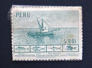 pe Roo ordinary stamp 5c: small size boat . four pcs. fish 1952 year pe Roo : nature culture unused 1 sheets 