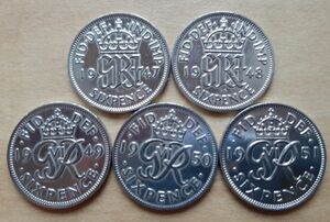 英国幸せのシックスペンス イギリス 5枚セットラッキー6ペンス コイン 1947~51本物古銭英国コイン美品19.5mm 2.8g