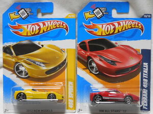 HOT WHEELS / フェラーリ 458 スパイダー (2012 NEW MODELS/黄) + フェラーリ 458 イタリア (2012 #130/赤) 開封用２台セット