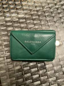 BALENCIAGA バレンシアガ ペーパーミニウォレット 三つ折り ミニ財布 グリーン 緑 レザー 正規店購入