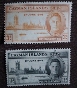 イギリス　ケイマン諸島　1946.8.26 戦勝記念　平和シリーズ　ジョージ6世　ロンドン議事堂　テムズ川　2完 未使用糊ありヒンジあとあり　