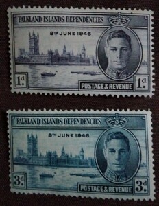 イギリス　フォークランド諸島属領　1946 戦勝記念　平和　ジョージ6世　ロンドン議事堂　テムズ川　2完 未使用糊ありヒンジあとあり　