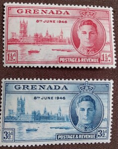 イギリス　グレナダ　1946.9.25 戦勝記念　平和シリーズ　ジョージ6世　ロンドン議事堂　テムズ川　2完 未使用糊ありヒンジあとあり　