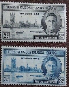 イギリス　タークス・カイコス　1946.11.4 戦勝記念　平和　ジョージ6世　ロンドン議事堂　テムズ川　2完 未使用糊ありヒンジあとあり　