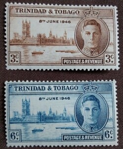 イギリス　トリニダード・トバゴ　1946.10.15 戦勝記念　平和　ジョージ6世　ロンドン議事堂　テムズ川　2完 未使用糊ありヒンジあとあり　