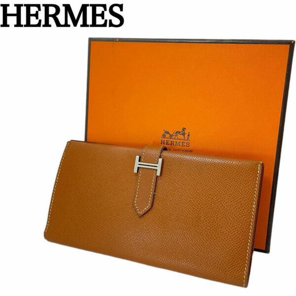 美品◎HERMES エルメス べアン 二つ折り 長財布 ブラウン