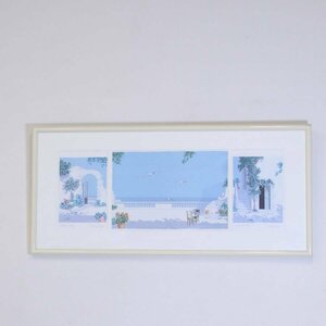 イタリア画家 SALVO サルボ 本名サイン入り初期作品 「エーゲ海パノラマ」シルクスクリーン 額 風景 絵画★738h04
