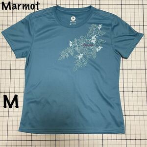 良品 マーモット【Marmot】デサント 半袖ドライTシャツ メッシュ ストレッチ 刺繍 登山 アウトドア Mサイズ ライトブルー/水色 モンステラ