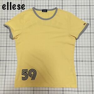 エレッセ【ellesse】半袖Tシャツ 鹿の子 スポーツ テニスウェア イエロー×グレー/黄灰 ネイビーのバックロゴ 59 刺繍 M〜Lサイズ ETLZ1800