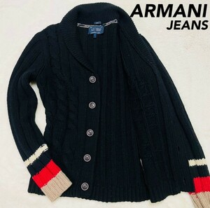 ARMANI JEANS アルマーニ ジーンズ ショールカラー ニット カーディガン 黒 マルチカラー L ニットセーター アランニット ロゴプレート