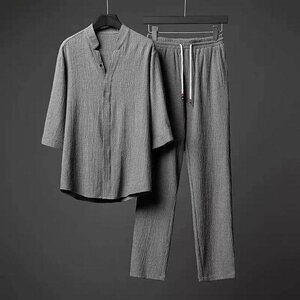 夏 Tシャツ ロングパンツ パンツ メンズ ルームウェア 部屋着 涼しいセットアップ 上下セット グレー 2XL